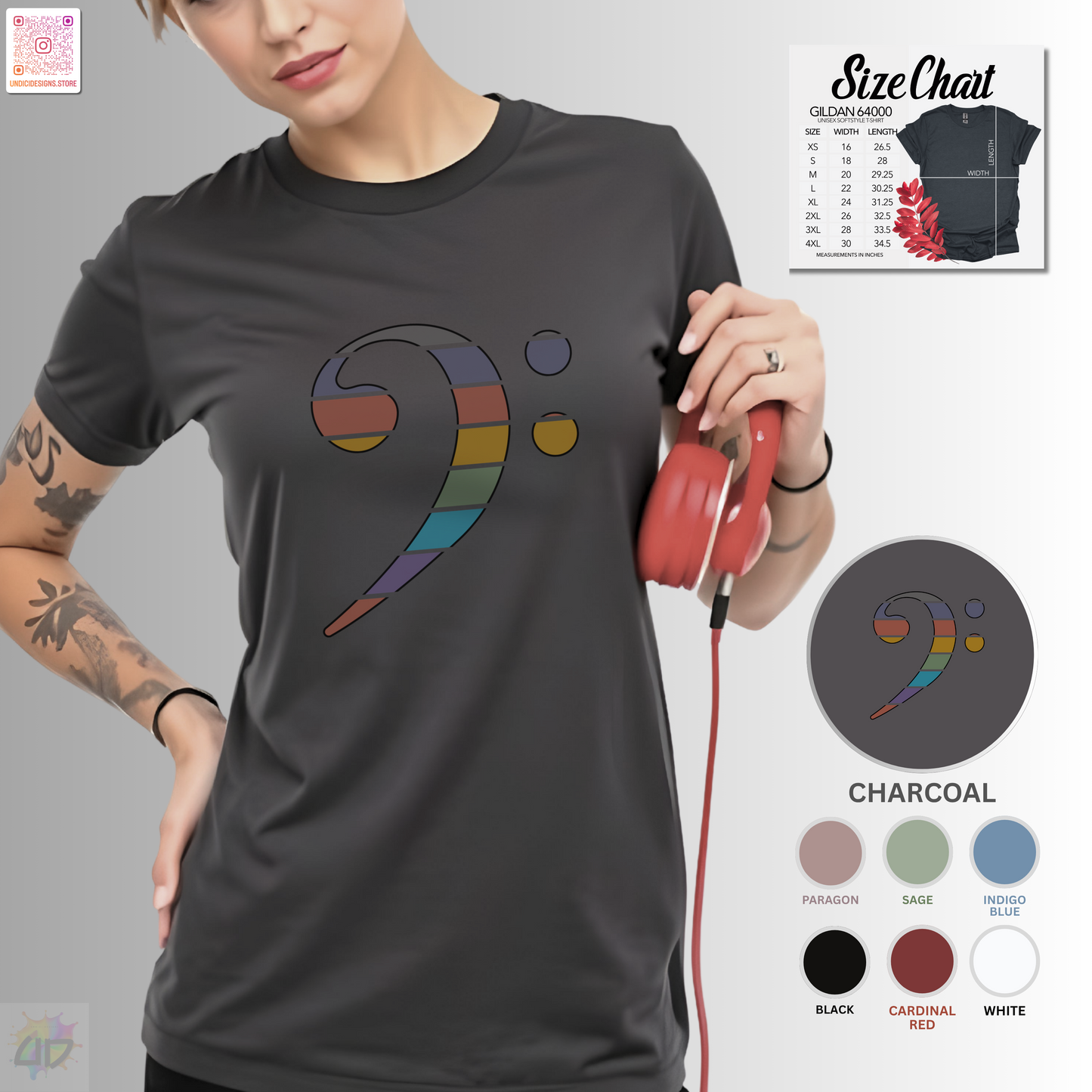Retro sunset-colored bass clef graphic tee.
