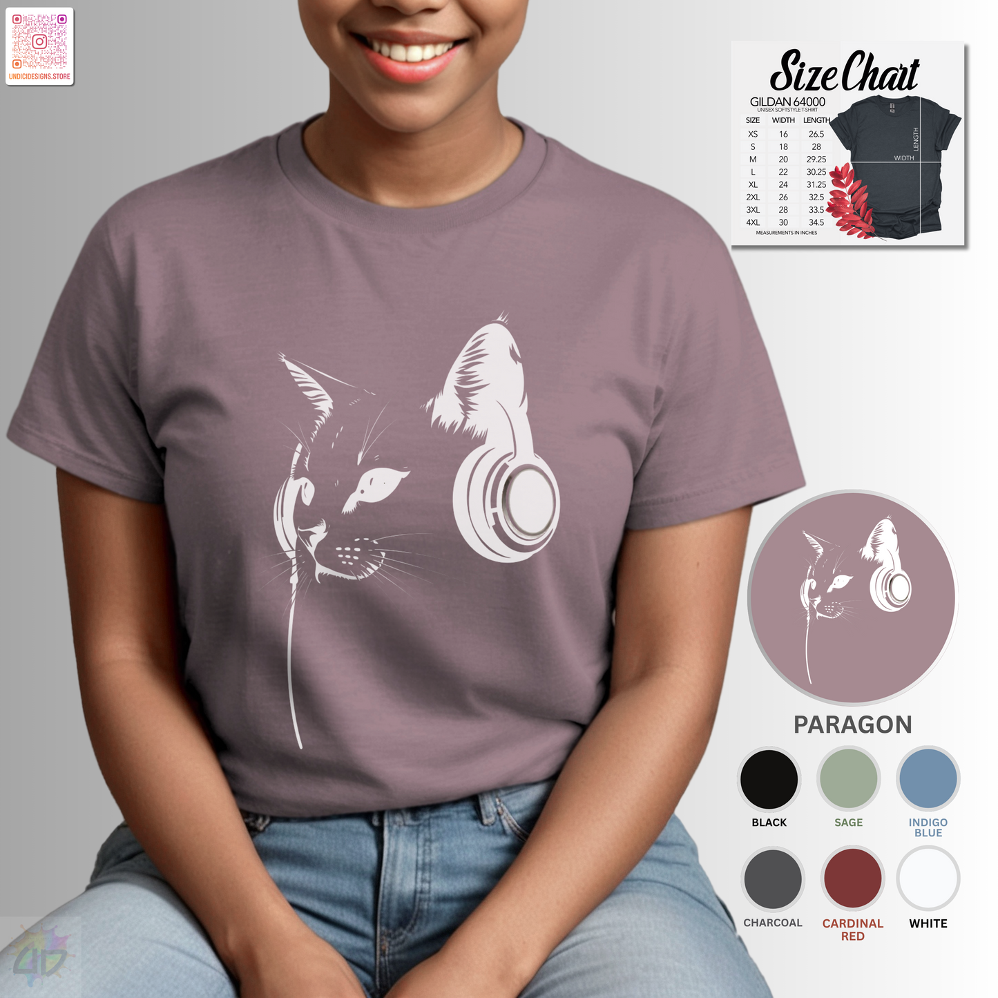 Silhouette of Chuck the Cat wearing headphones in a bust style graphic tee.