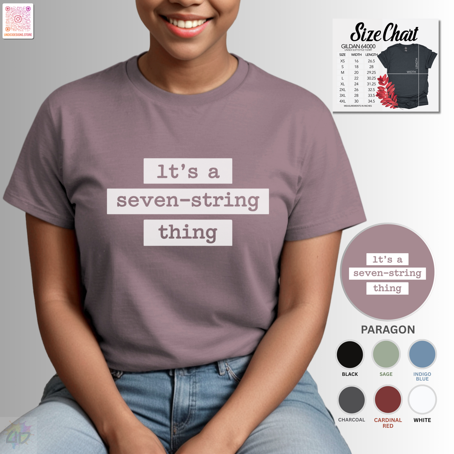"It's a seven-string thing" in highlight graphic tee.