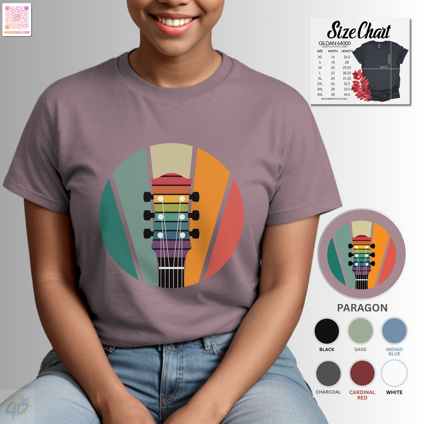 Guitar headstock on a retro sunset graphic tee.