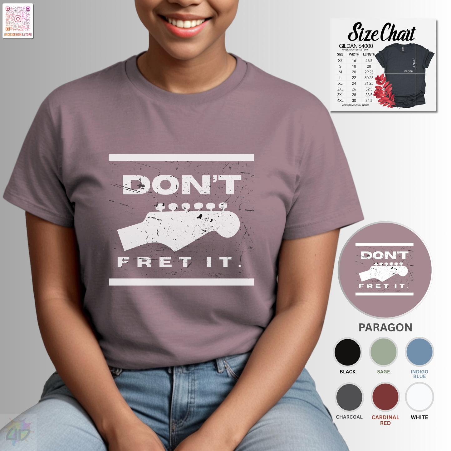 "Don't fret it." with guitar graphic tee.
