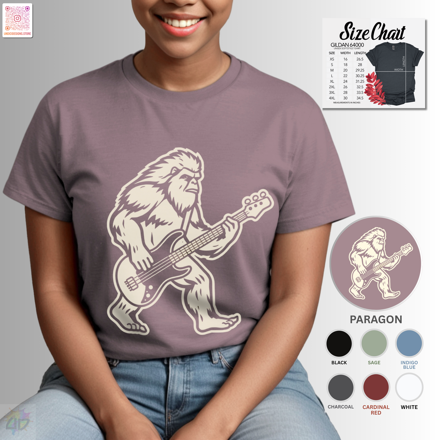 Yeti silhouette with Bass guitar in a cream-colored graphic tee.