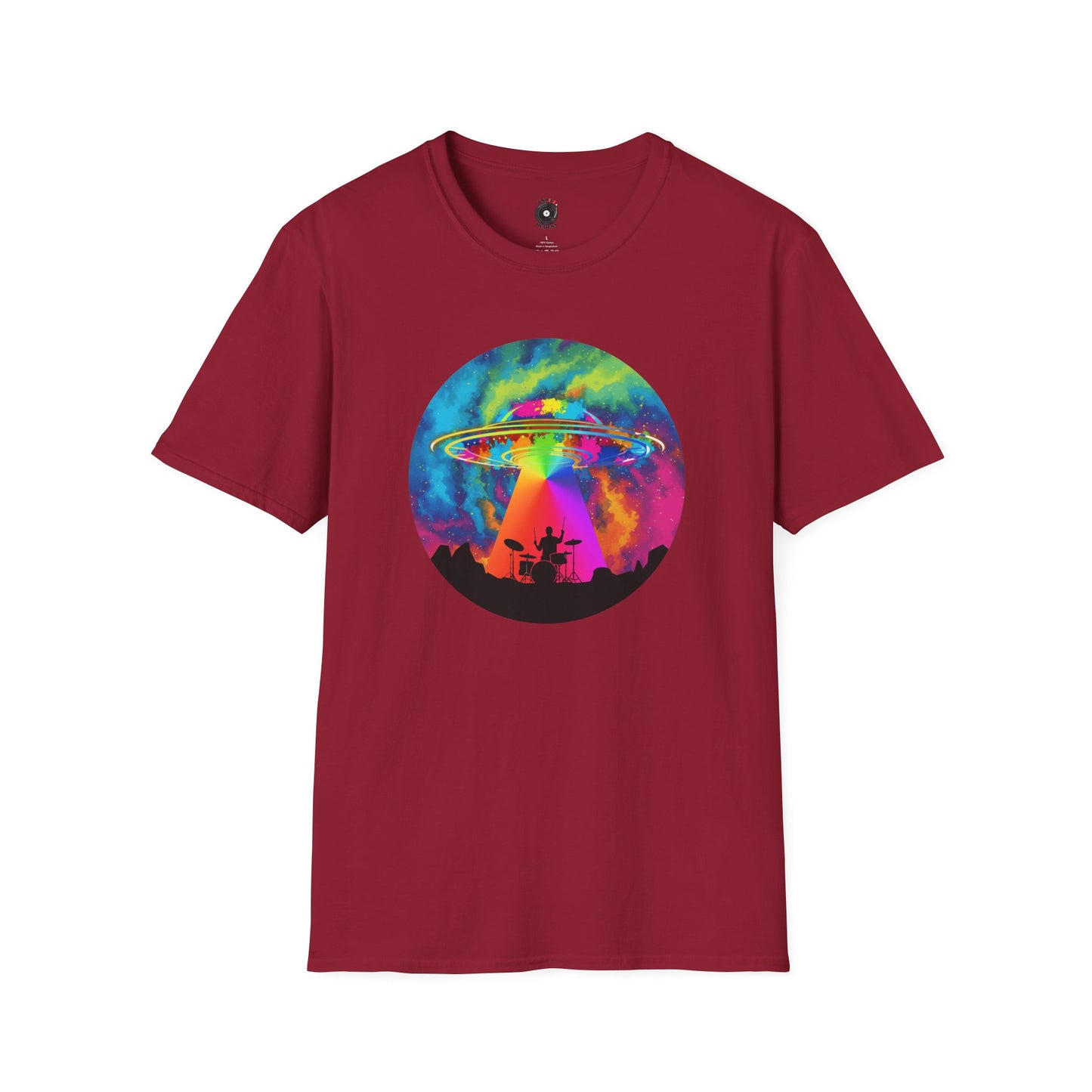 Drummer Being Abducted in a Psychedelic Beam Graphic Tee.