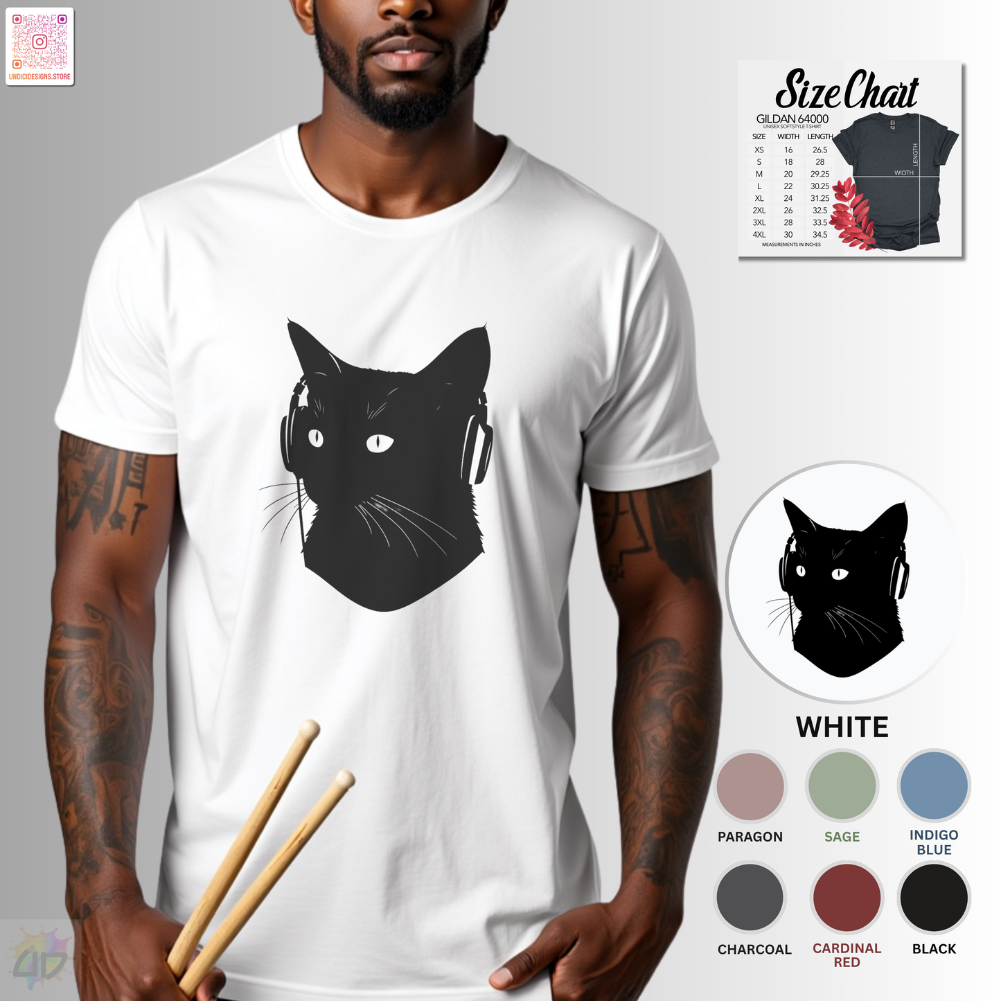 silhouette of kitten wearing headphones graphic tee.