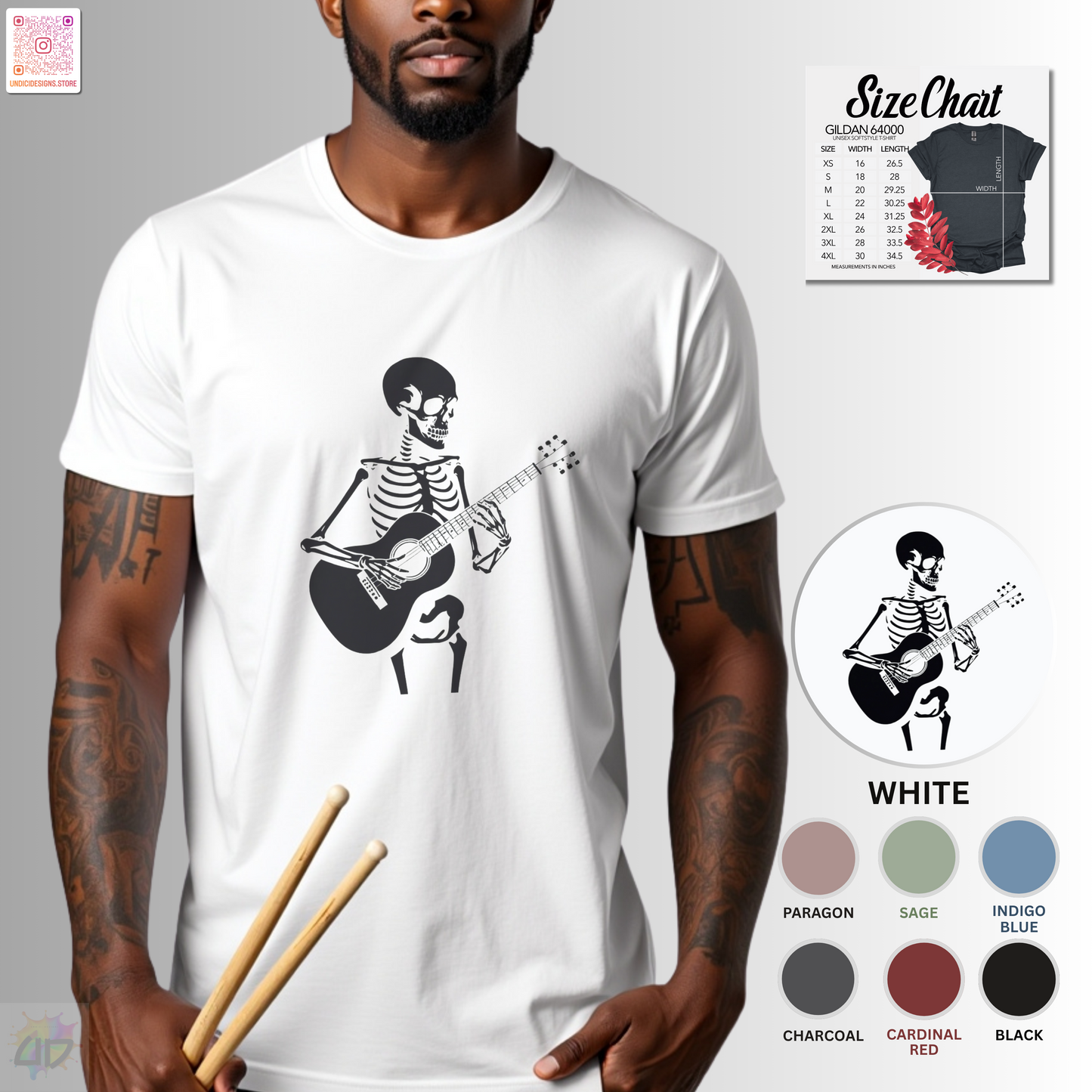 Skeleton playing an acoustic guitar graphic tee.