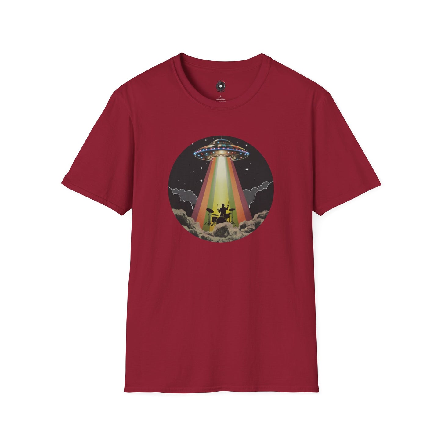 Drummer Being Abducted in a Retro Beam Graphic Tee.