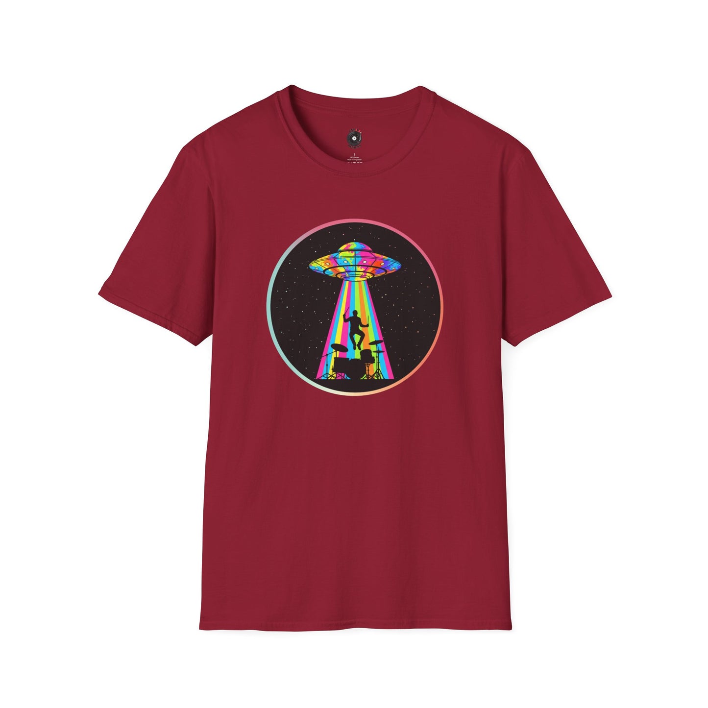 Drummer Being Abducted in a Colorful Beam Graphic Tee.