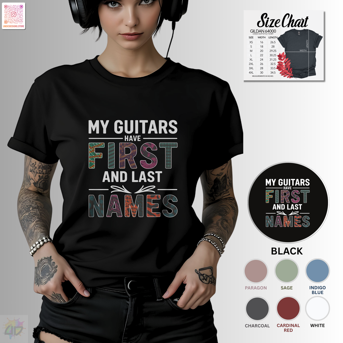 "My guitars have first and last names" colorful text graphic tee.