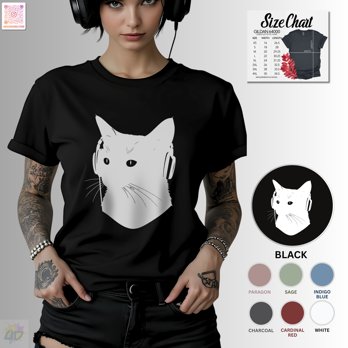 silhouette of kitten wearing headphones graphic tee.
