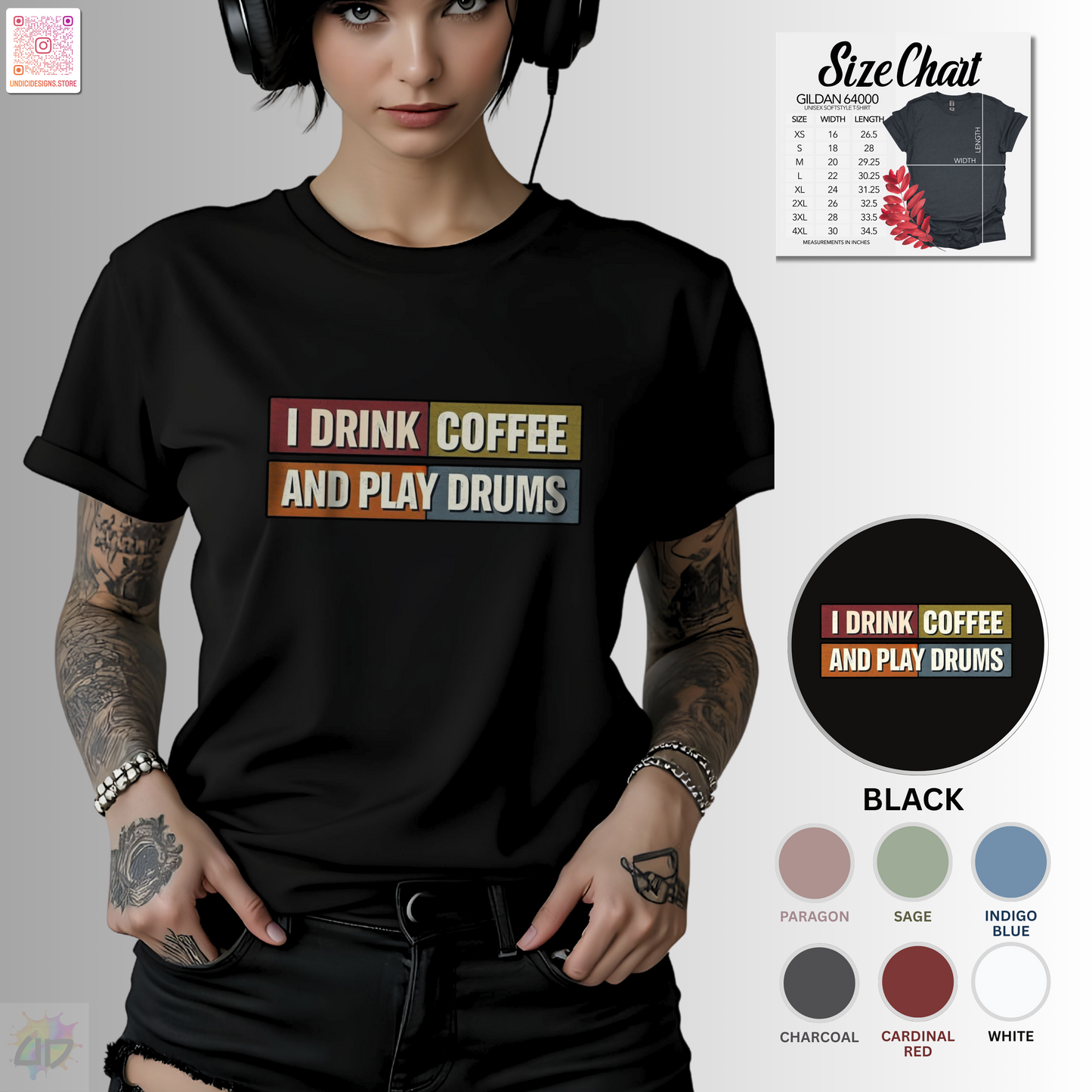 "I drink coffee and play drums" in colorful highlighted text tee.