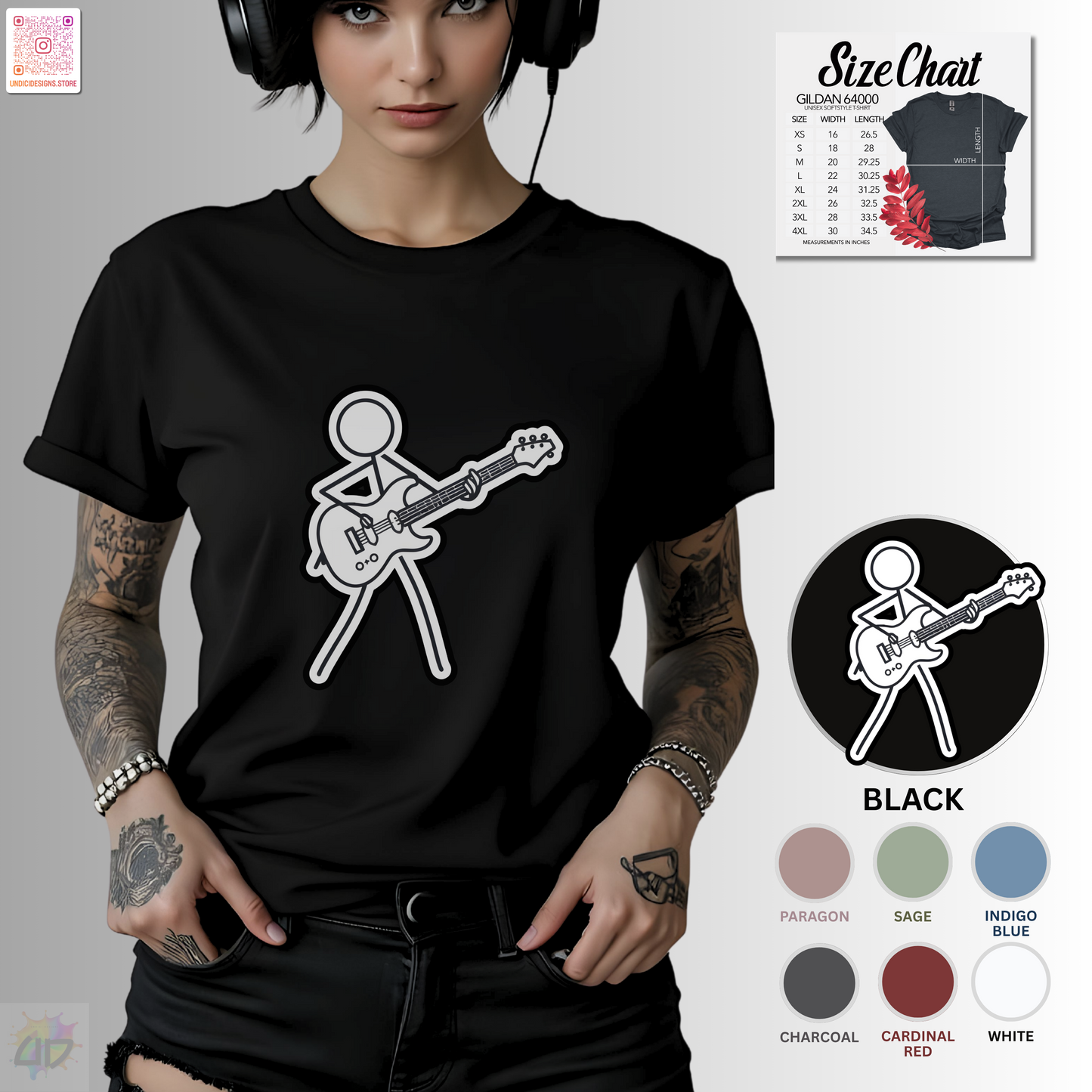 Joe Stick keeping rhythm on guitar graphic tee.