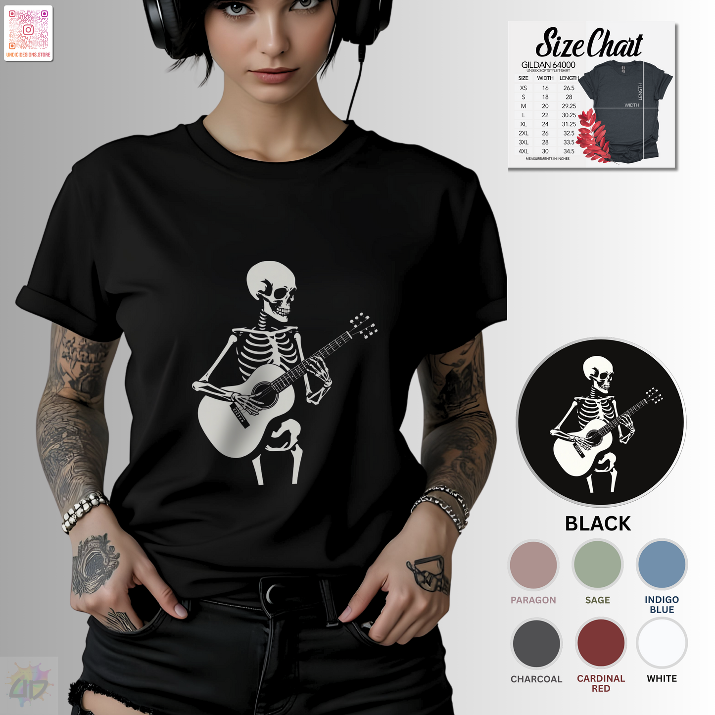 Skeleton playing an acoustic guitar graphic tee.