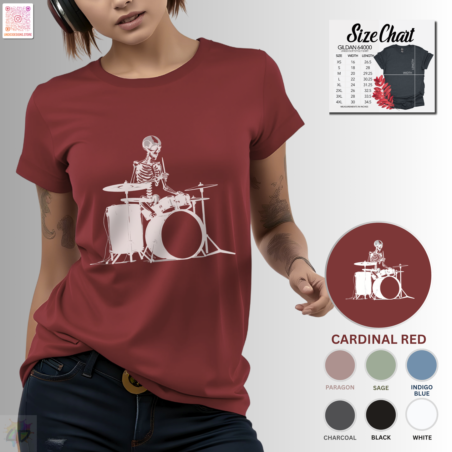 Skeleton silhouette playing drums graphic tee.