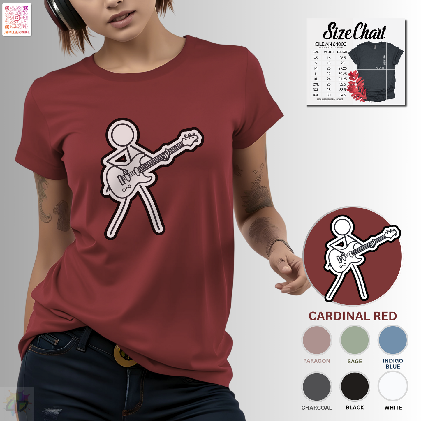 Joe Stick keeping rhythm on guitar graphic tee.