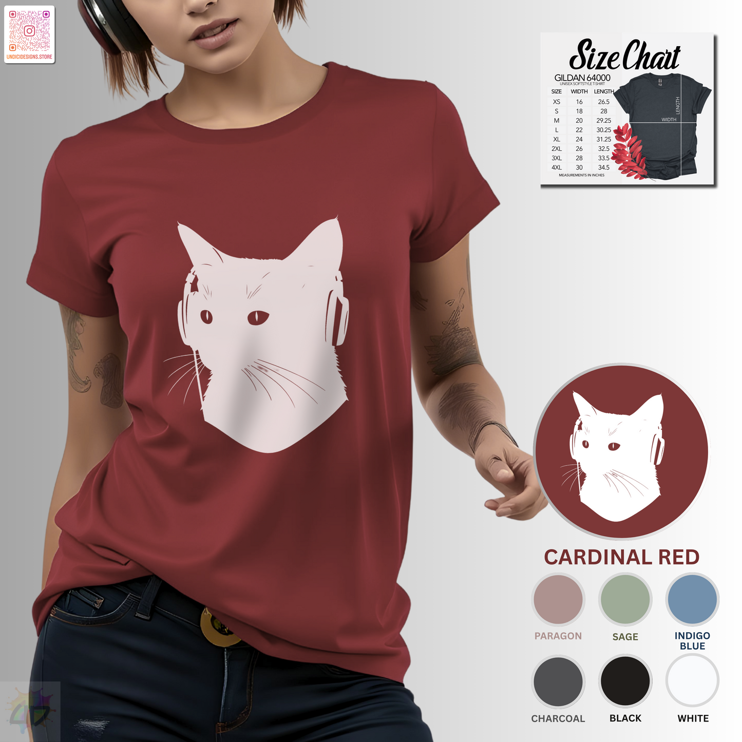 silhouette of kitten wearing headphones graphic tee.