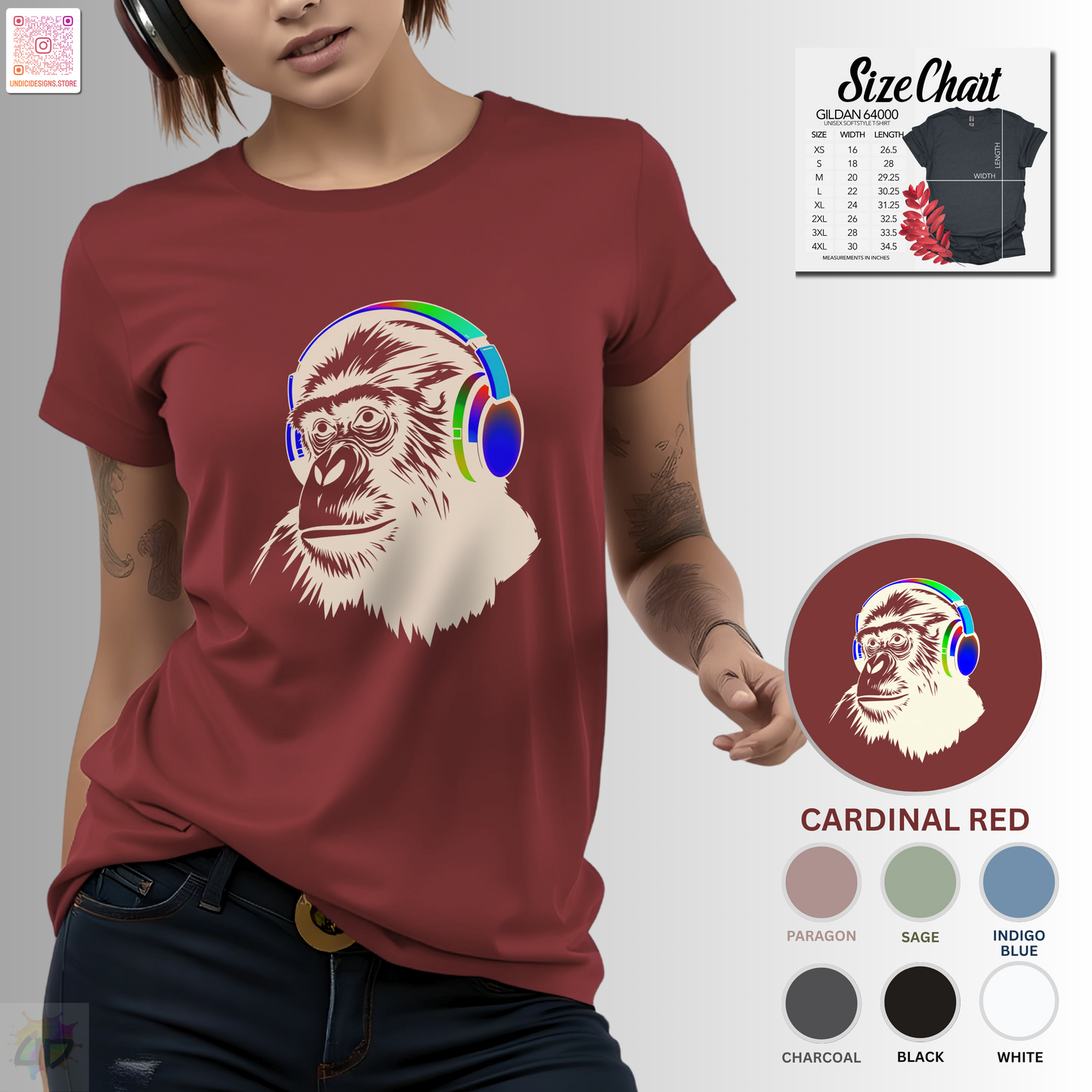 Gary the gorilla wearing colorful headphones graphic tee.