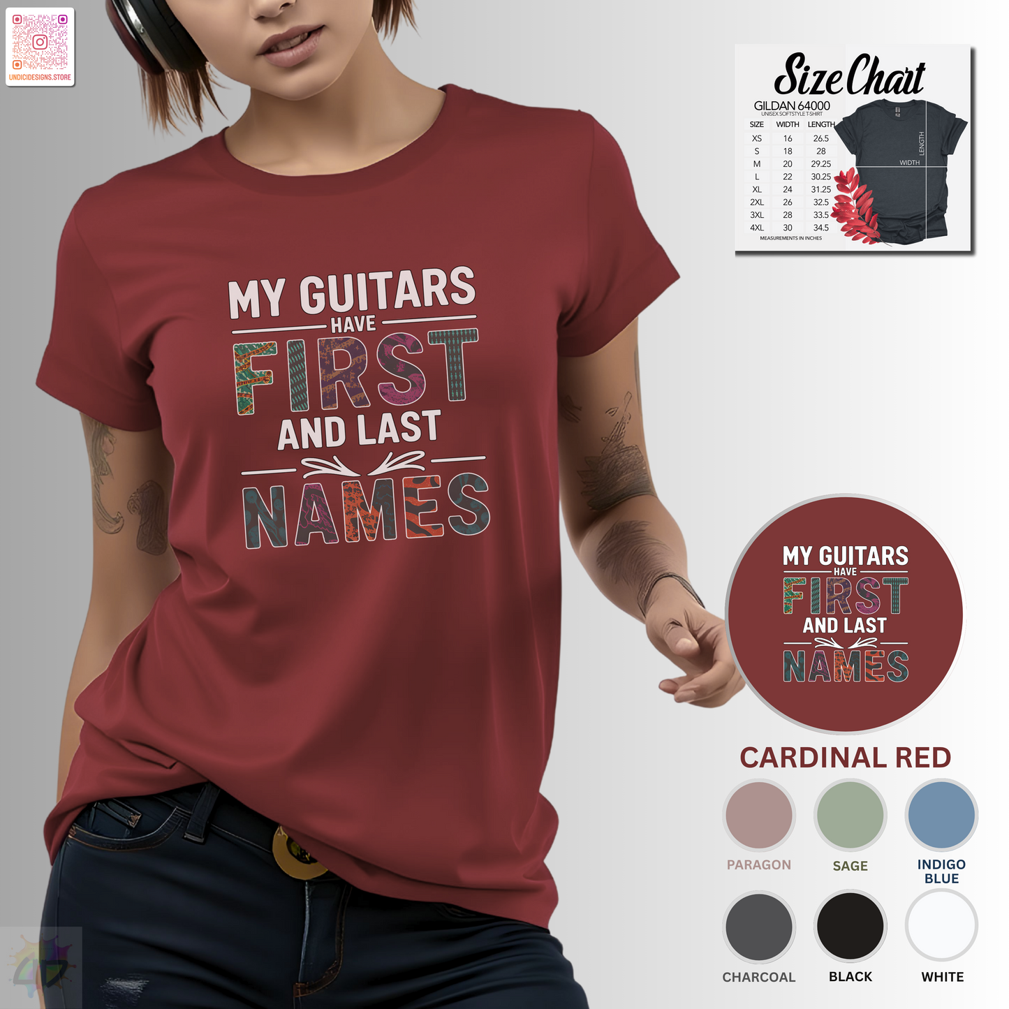 "My guitars have first and last names" colorful text graphic tee.