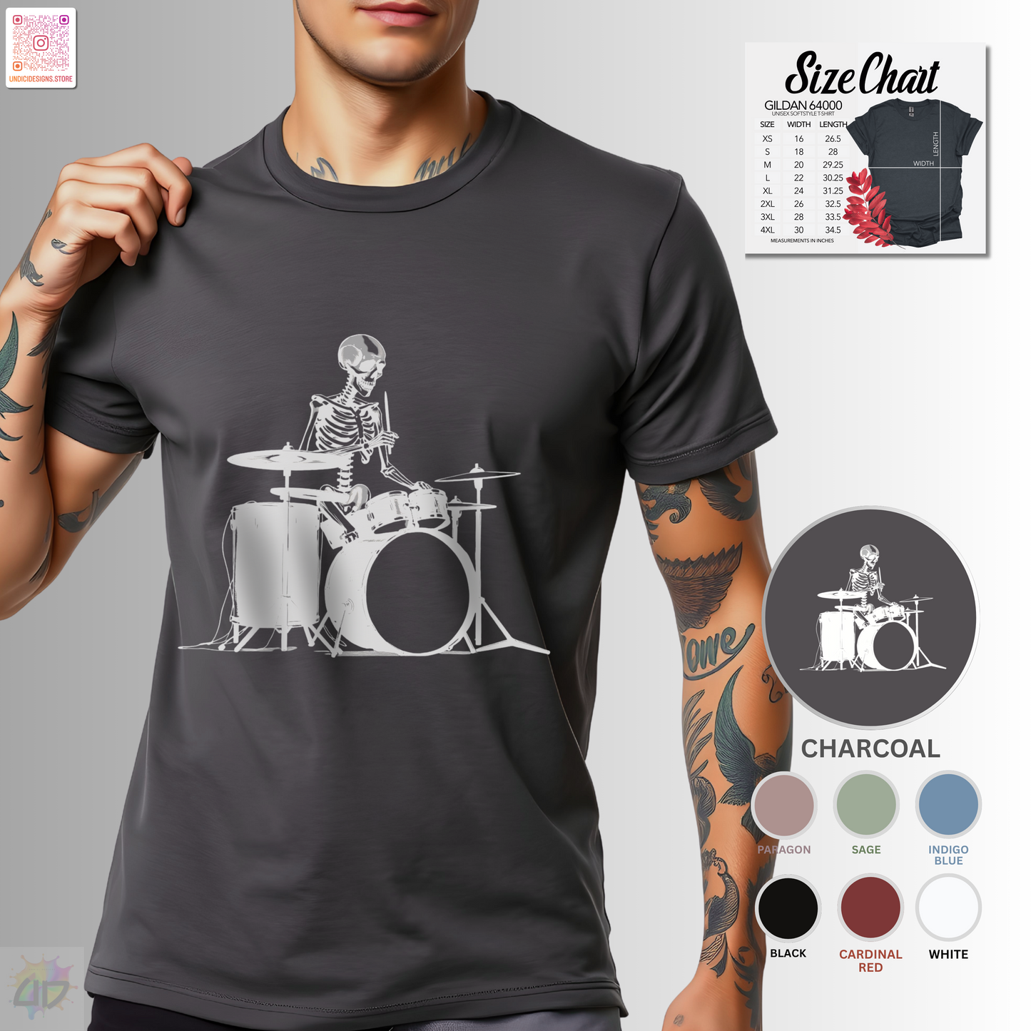 Skeleton silhouette playing drums graphic tee.