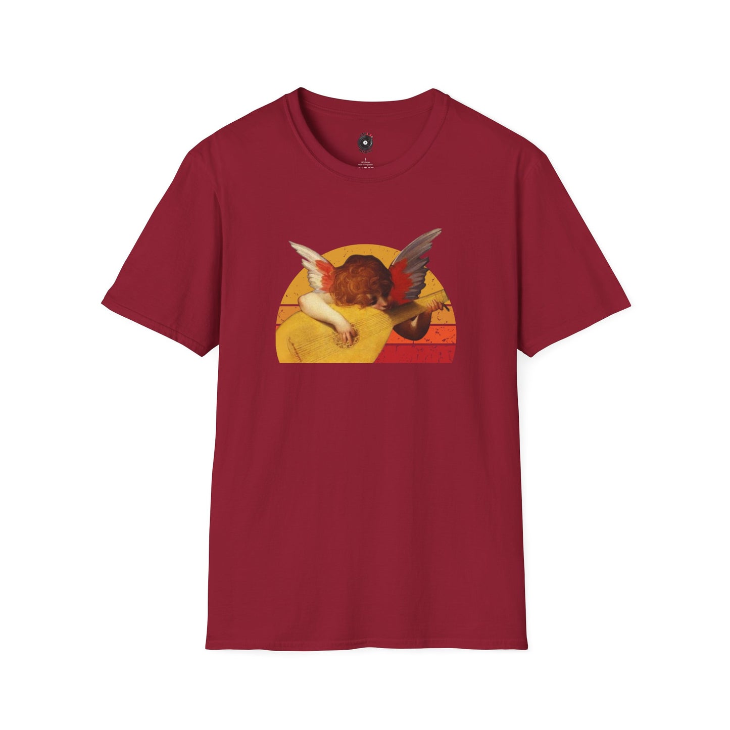 Cherub Playing Lyer in Circular Retro Sunset Graphic Tee.
