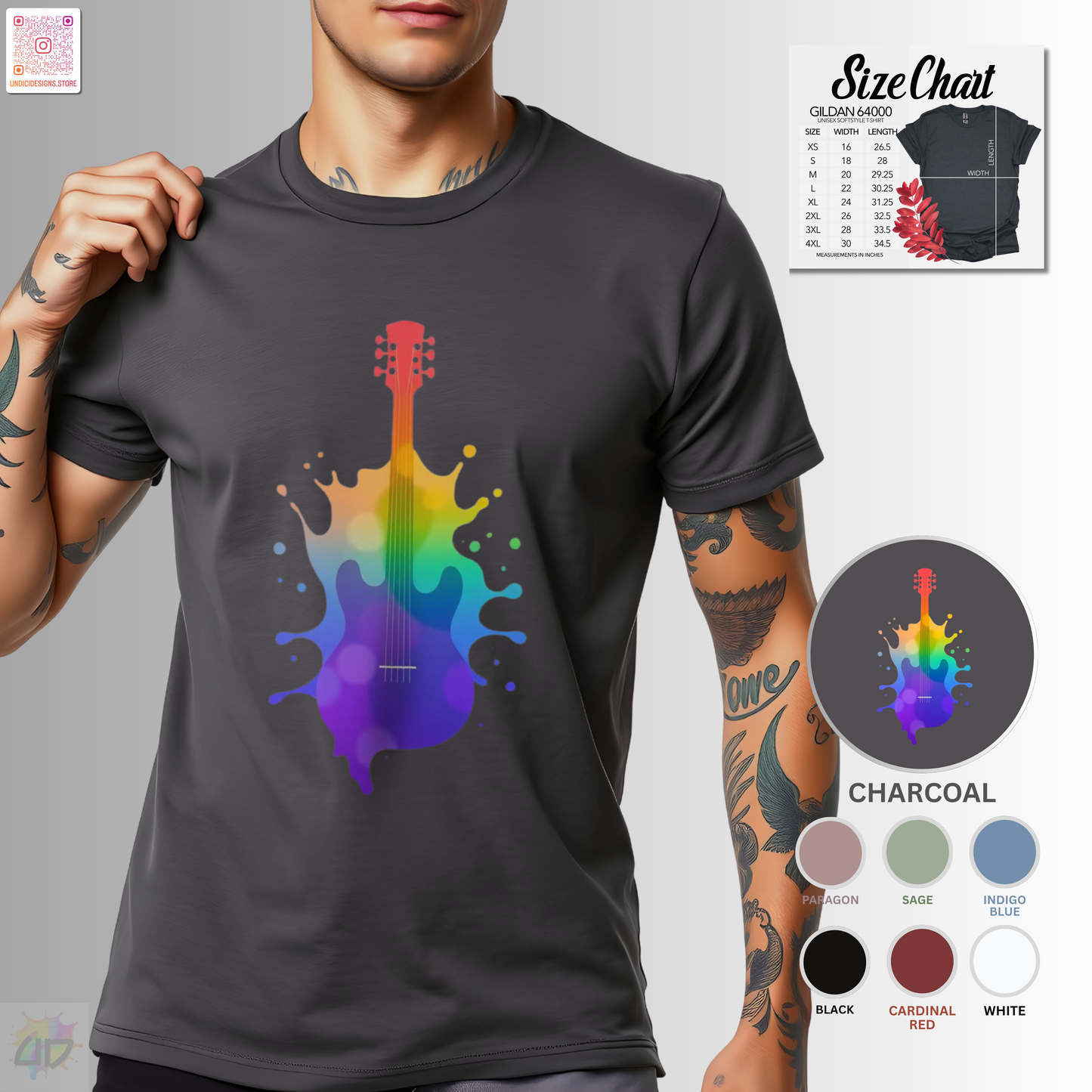 Colorful hollow body guitar in a vibrant splash graphic tee.