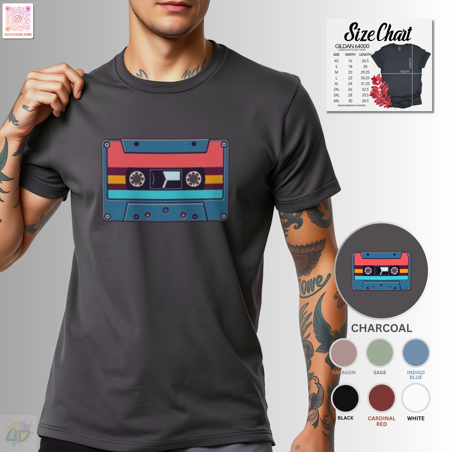 Retro red and blue cassette tape graphic tee.