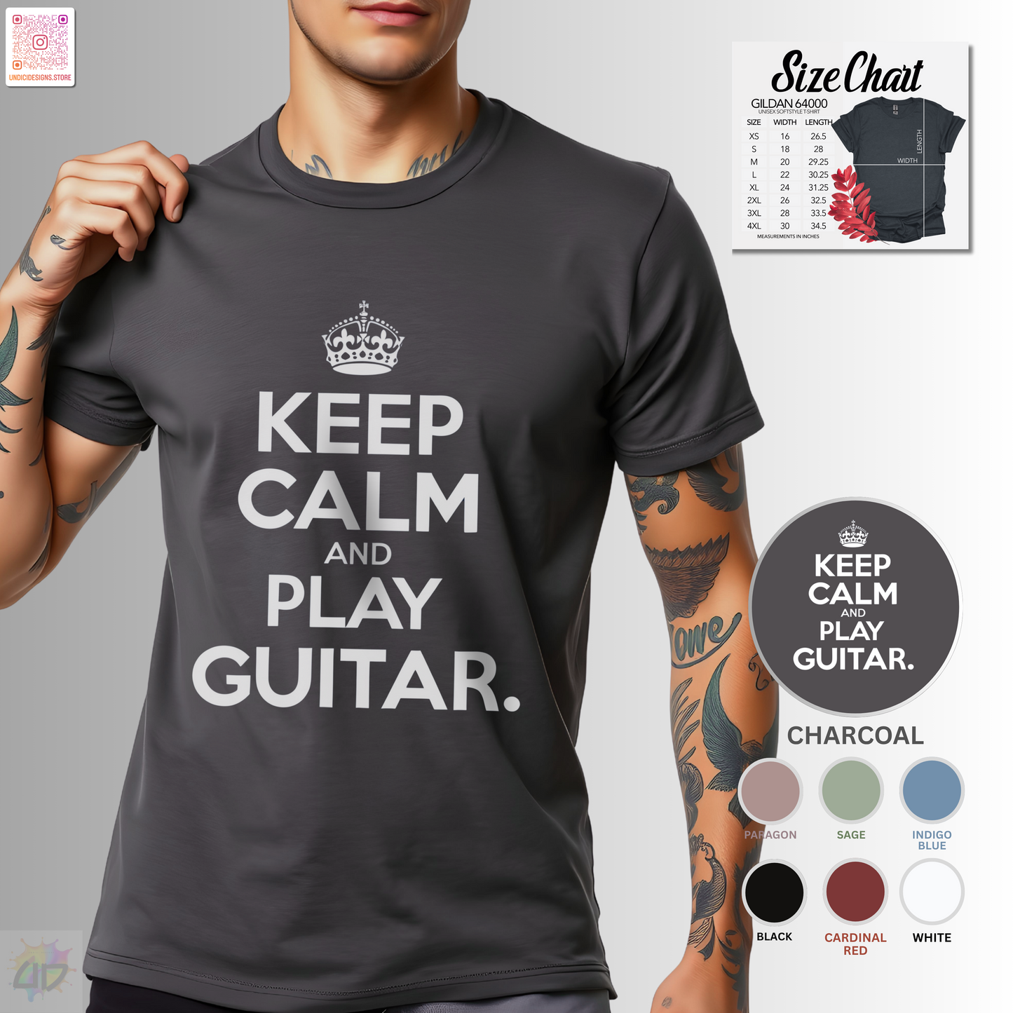 "Keep calm and play guitar" graphic tee.