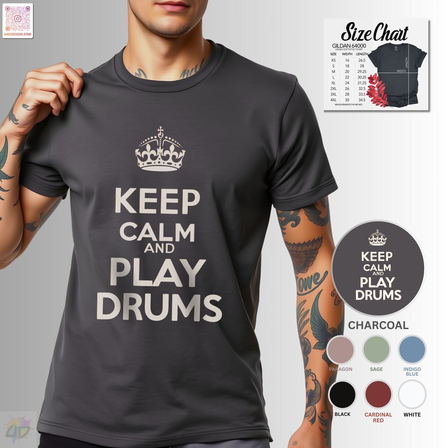 "Keep calm and play drums" graphic text tee.