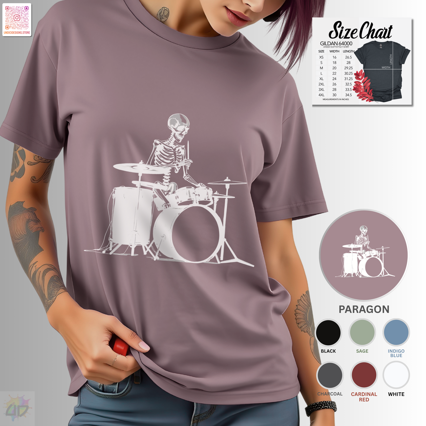 Skeleton silhouette playing drums graphic tee.