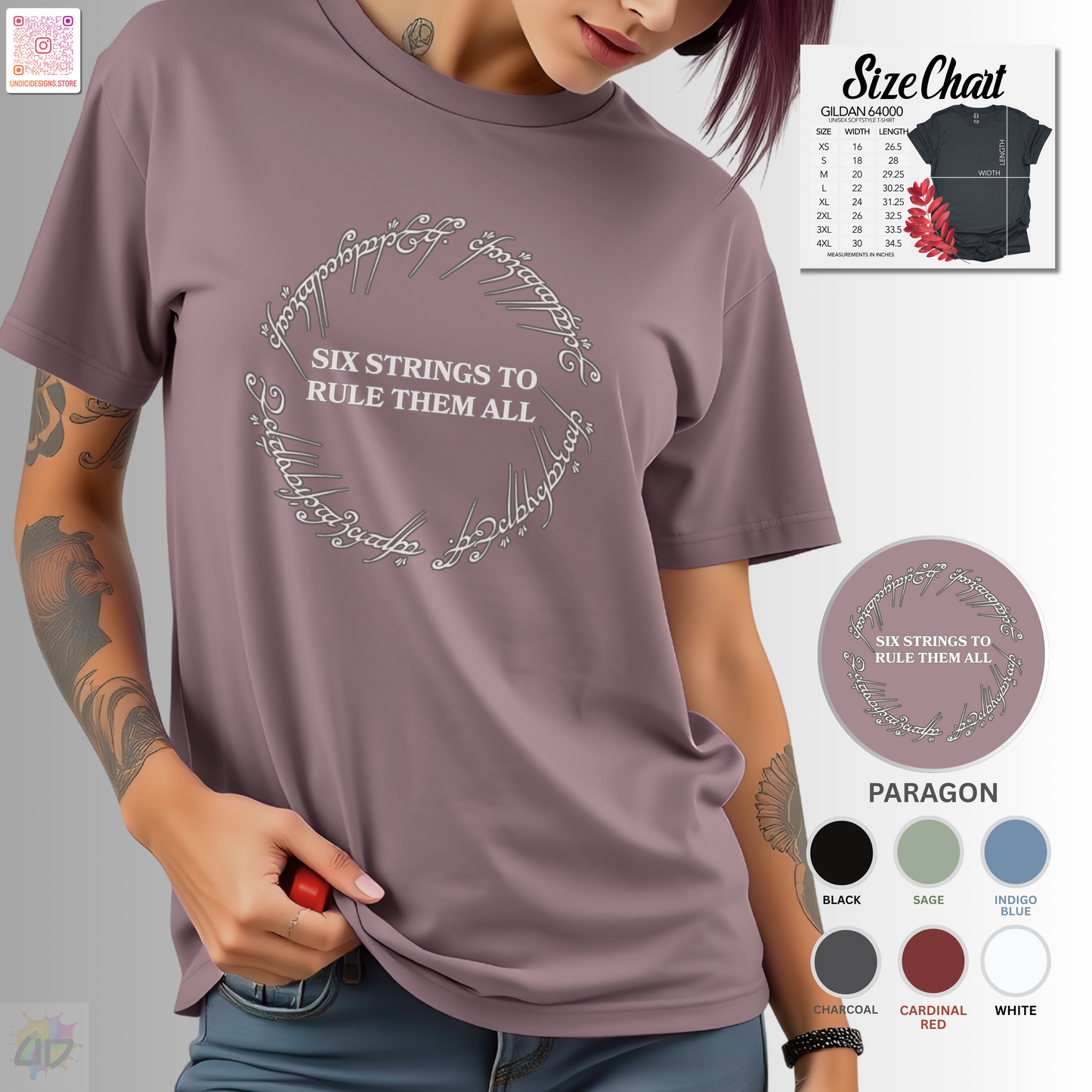 "Six strings to rule them all" in circular graphic tee.