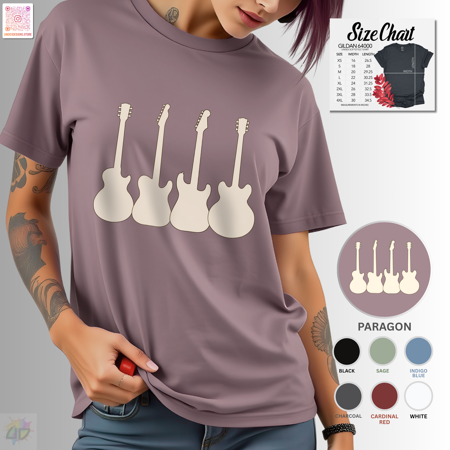Four horizontal white guitar silhouettes graphic tee.