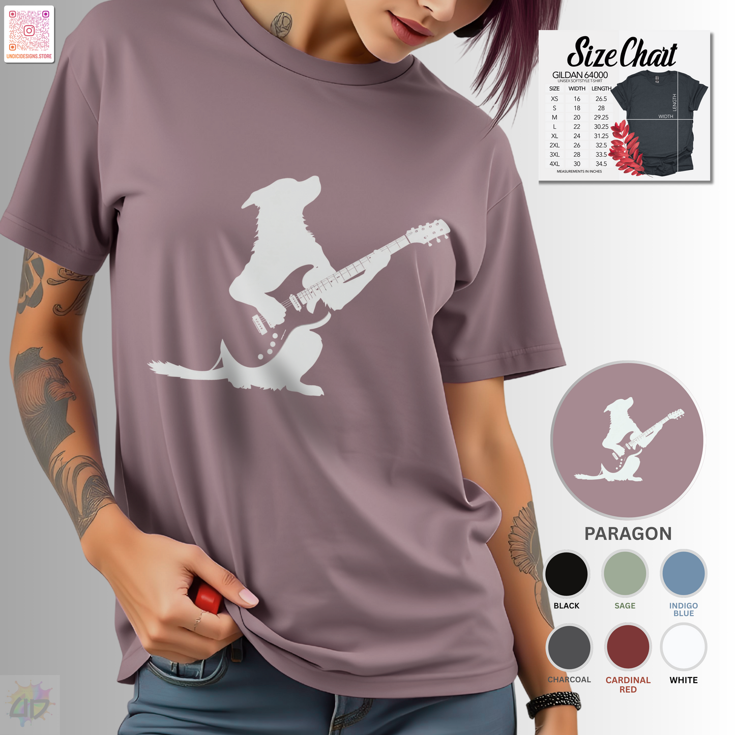 silhouette of a puppy playing a solo on a guitar graphic tee.
