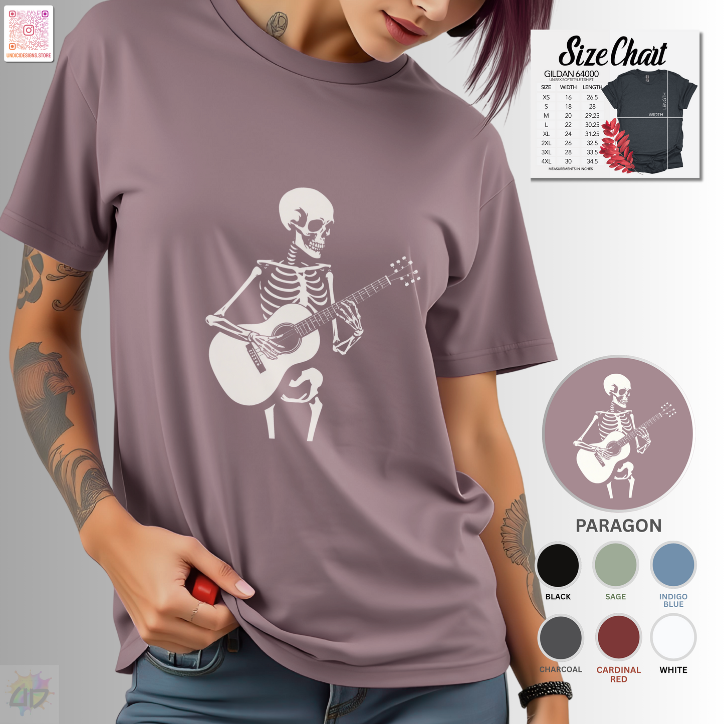 Skeleton playing an acoustic guitar graphic tee.