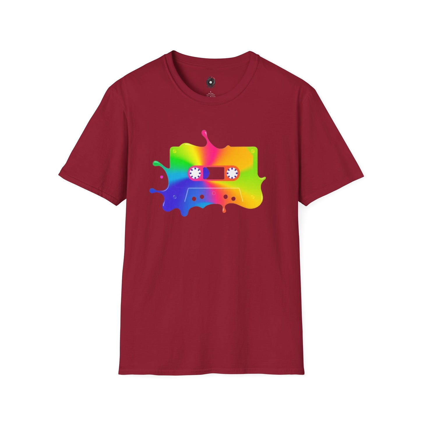 Colorful Cassette Tape in a Splash Graphic Tee.