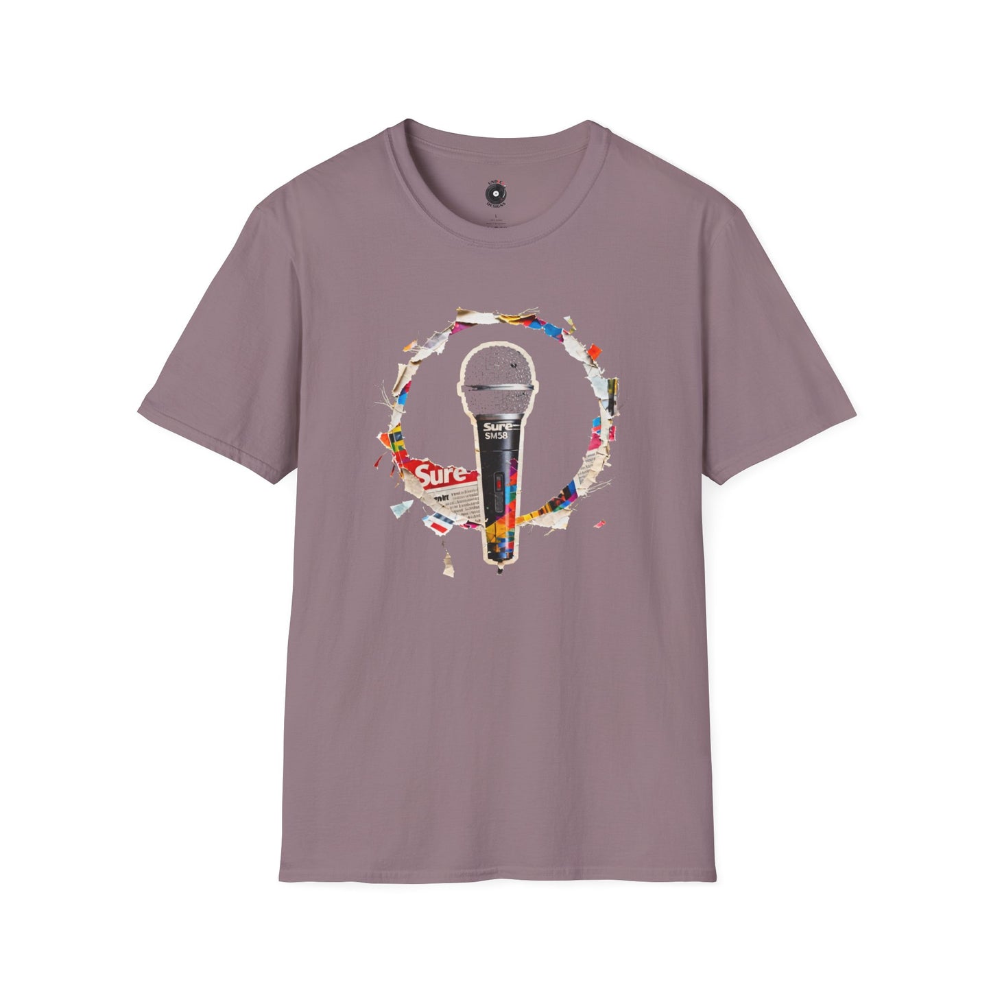 Microphone Cutout in a Circular Graphic Tee.