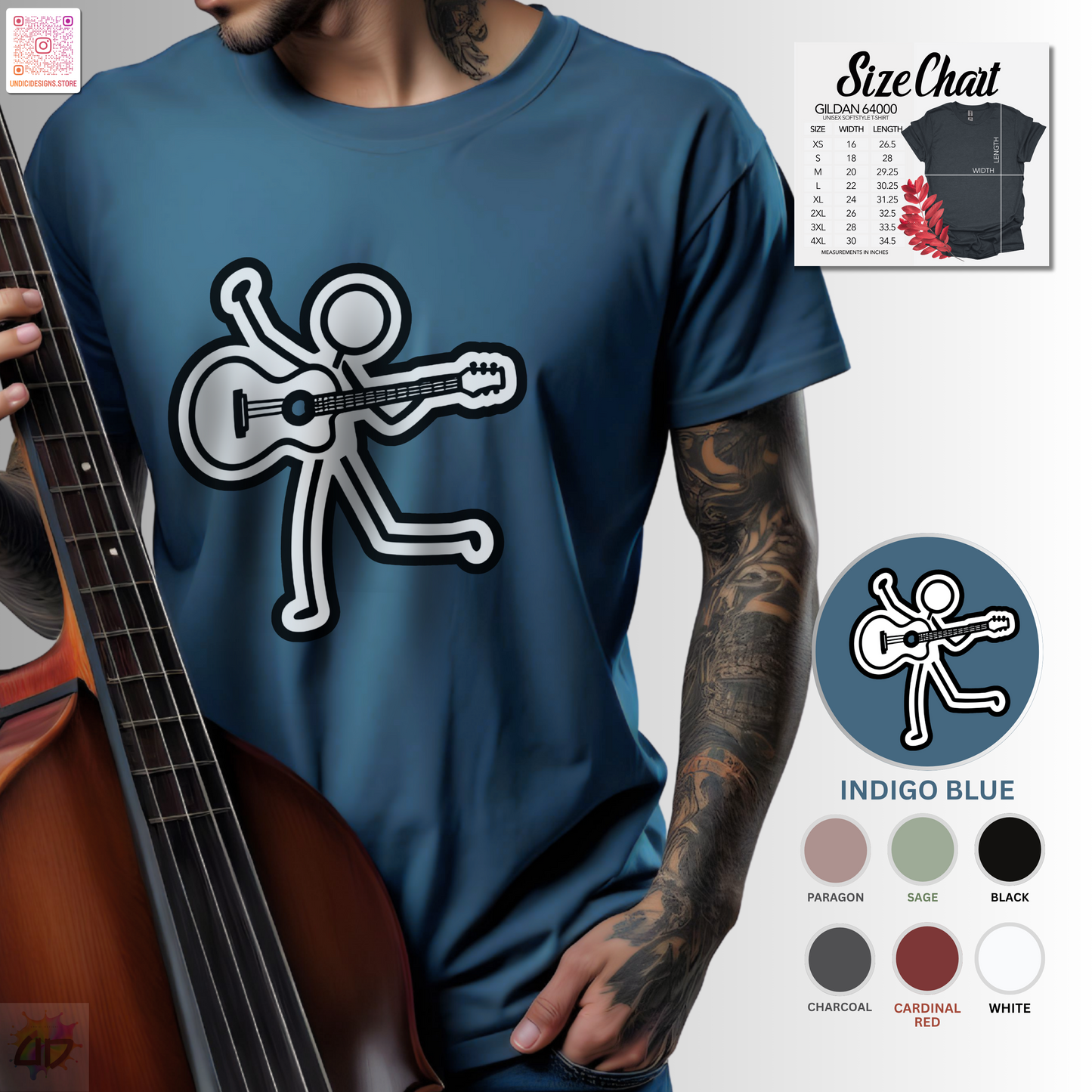 Joe Stick playing an acoustic guitar graphic tee.