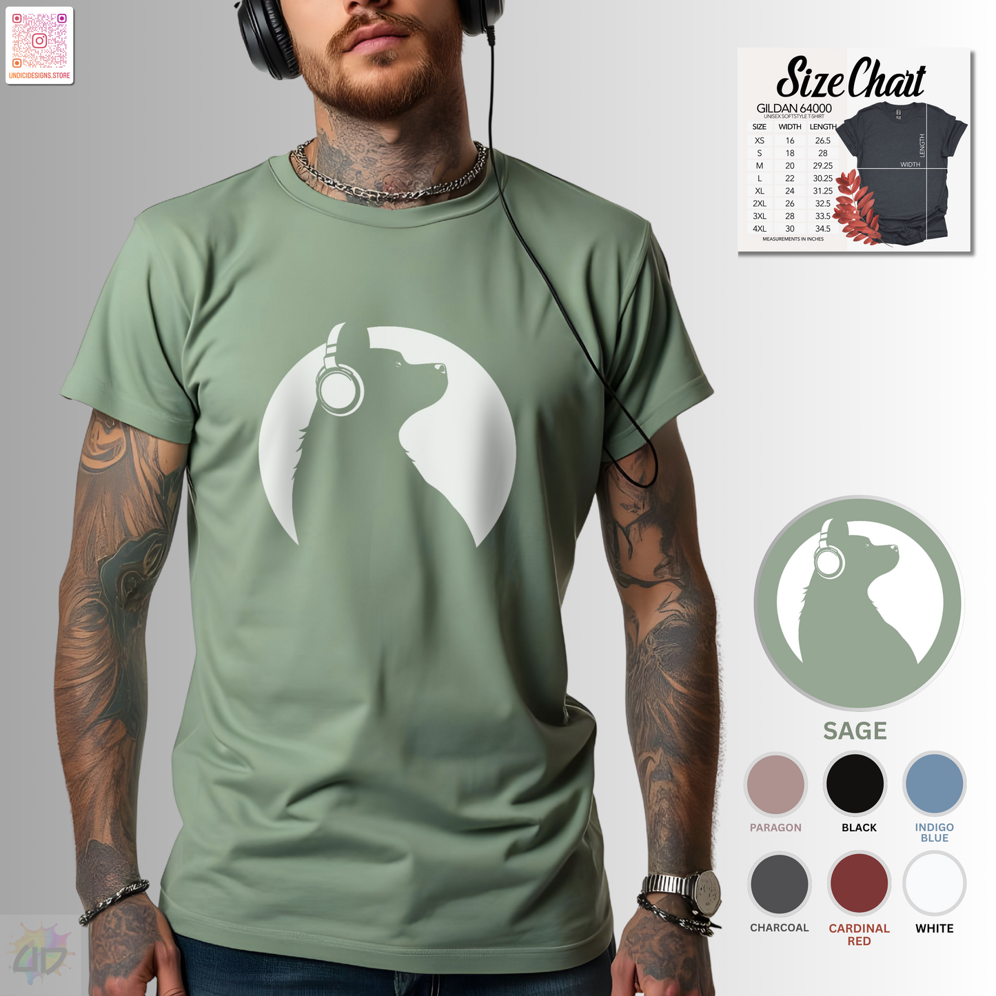 Silhouette of Puppy wearing headphones in a circular style graphic.