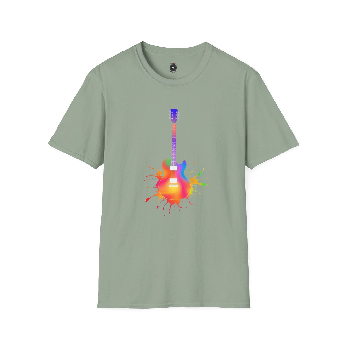 Colorful LP Style Guitar in a Vibrant Splash Graphic Tee.