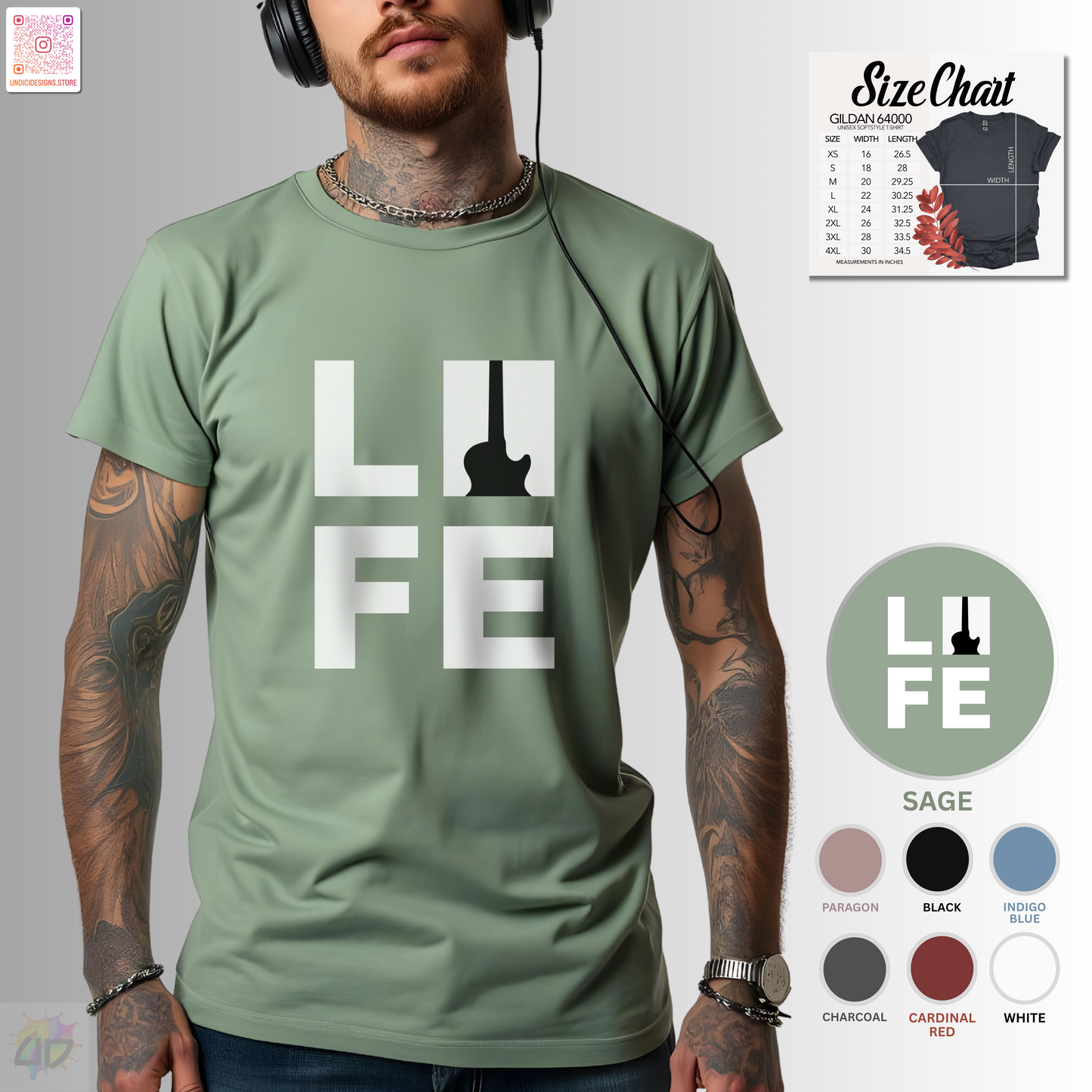 "LIFE" in a black and white box graphic tee with guitar.