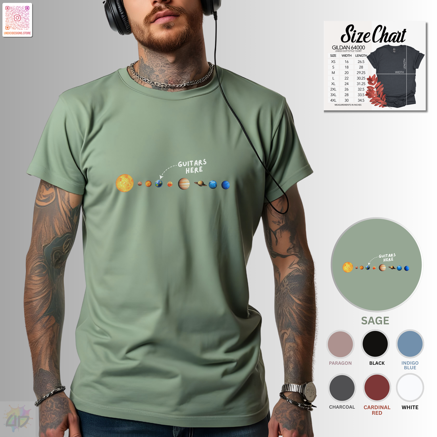 "Guitars Here" vertical solar system graphic tee.