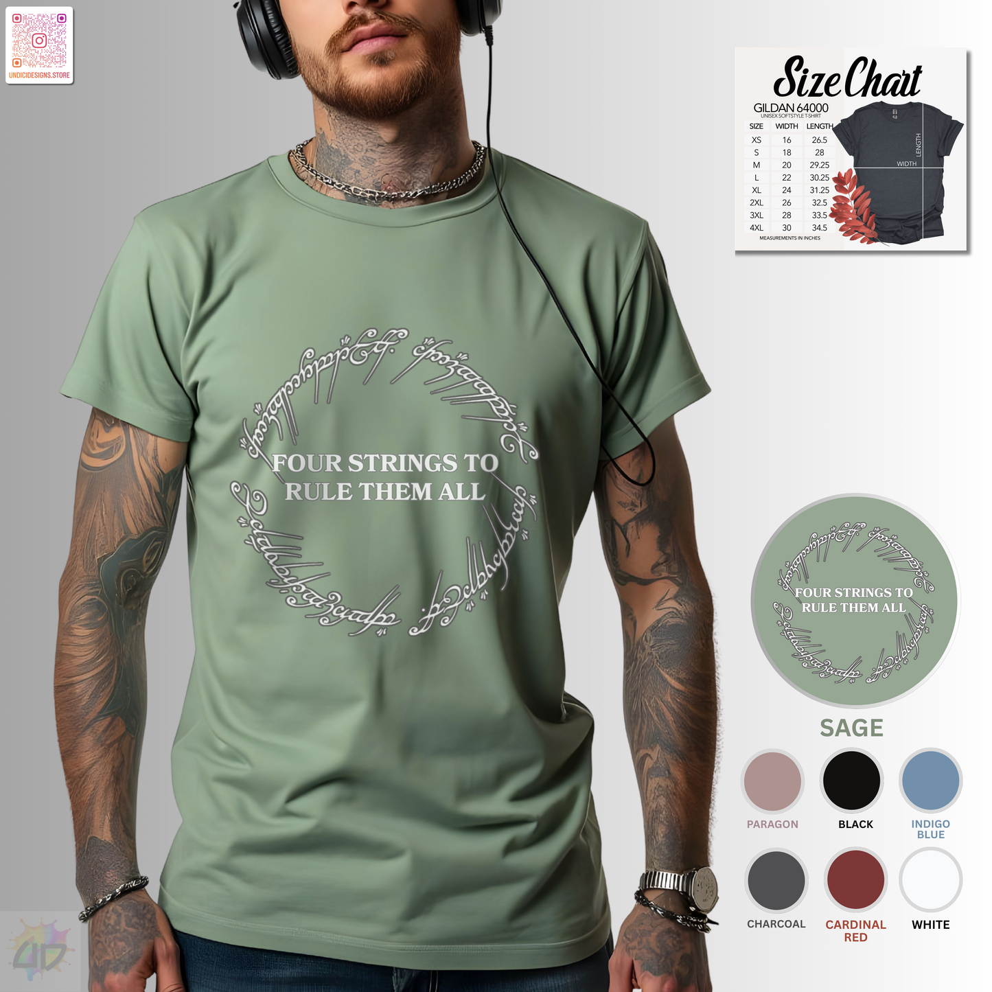 "Four strings to rule them all" in a circular graphic tee.