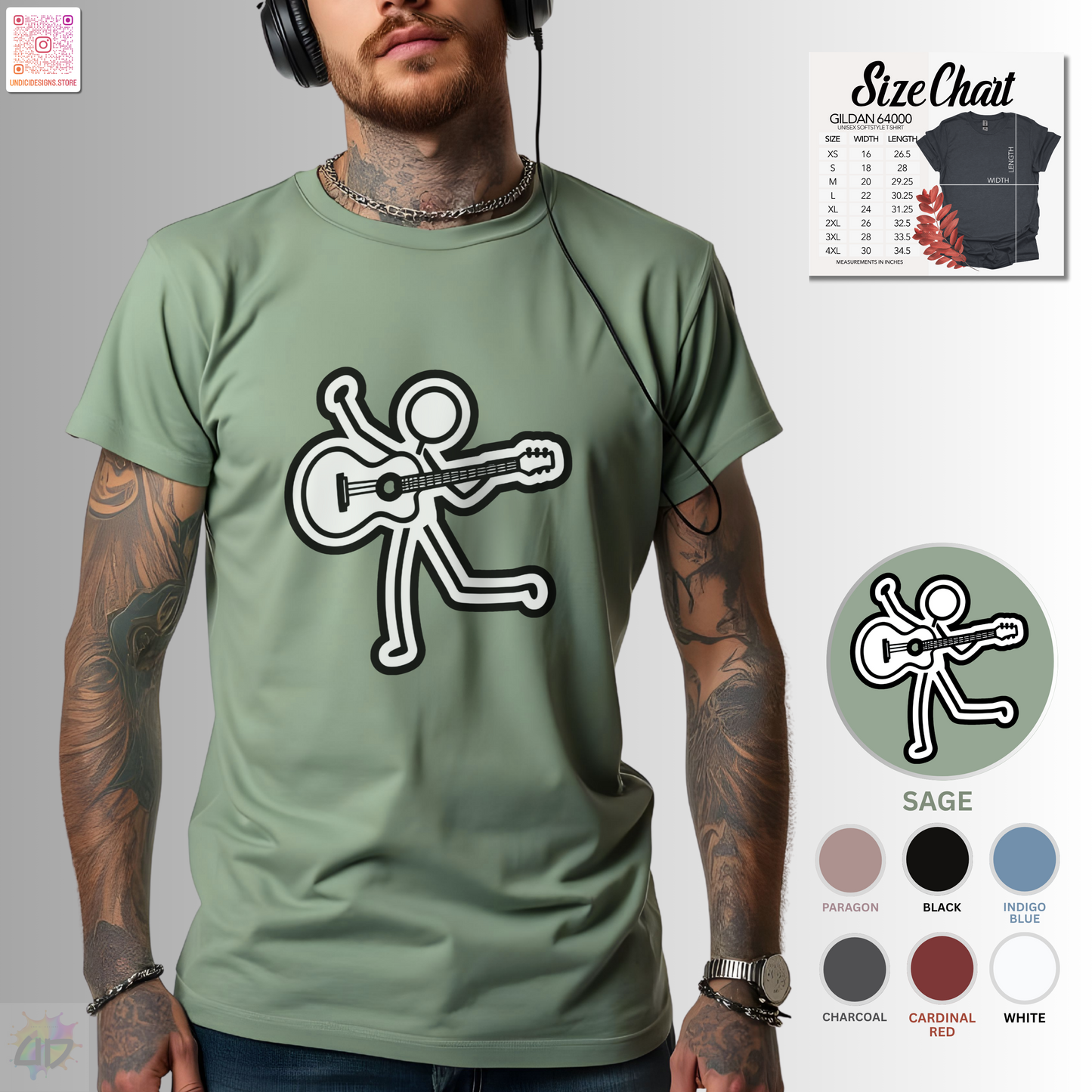 Joe Stick playing an acoustic guitar graphic tee.
