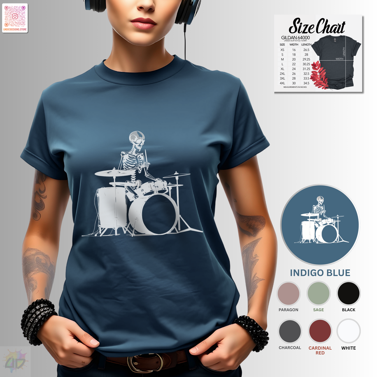 Skeleton silhouette playing drums graphic tee.