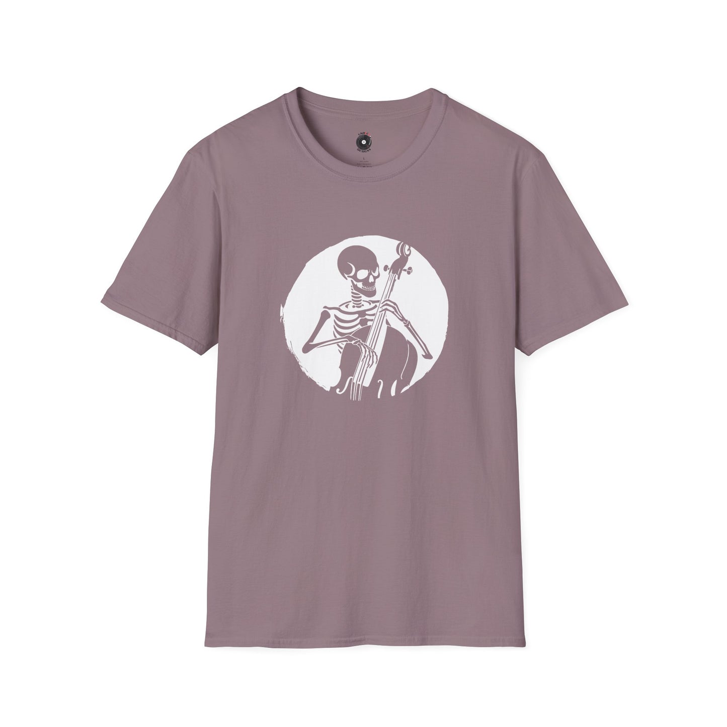 Skeleton Playing Upright Bass in a Circular Graphic Tee.