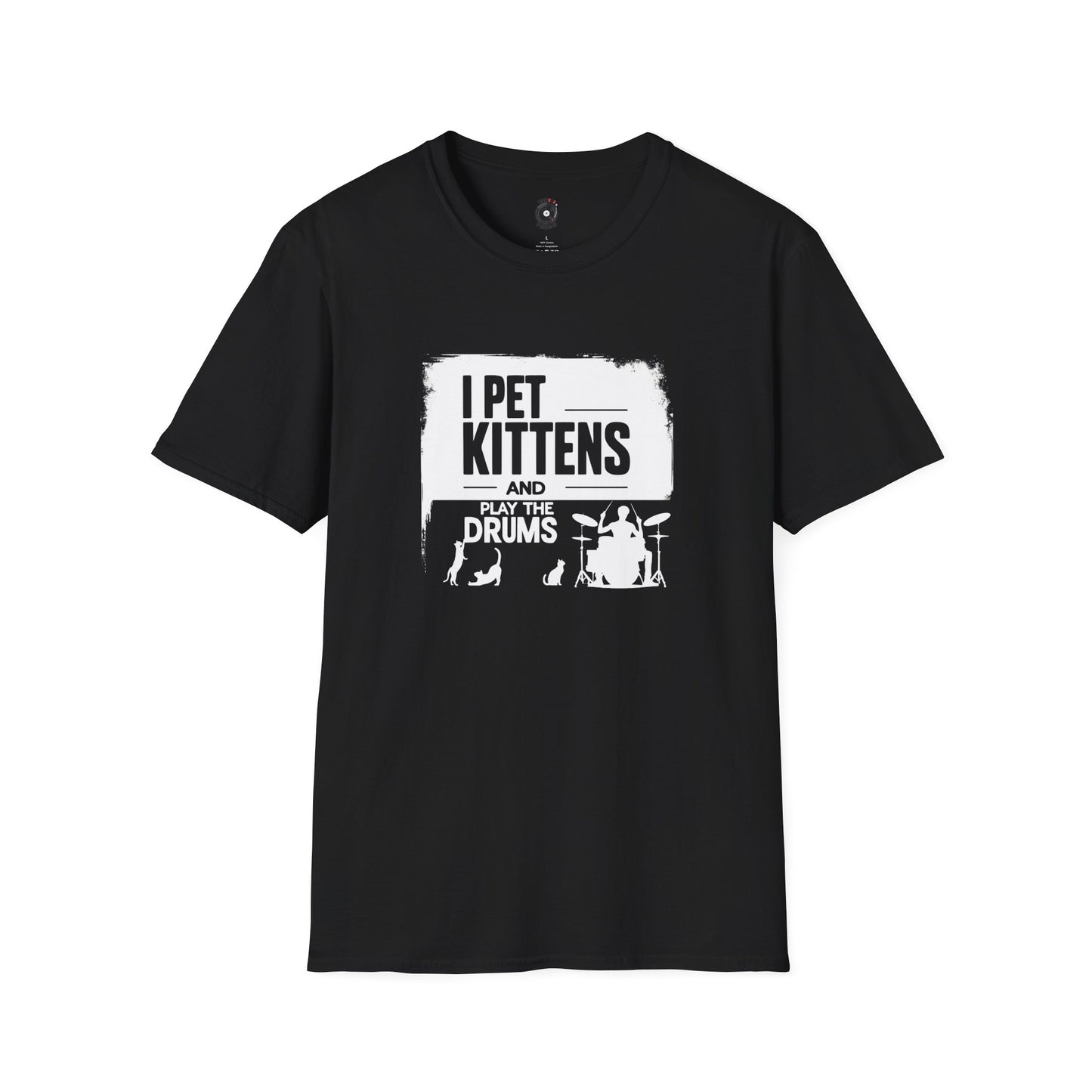 "I pet kittens and play the drums" in highlight graphic tee.