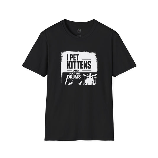 "I pet kittens and play the drums" in highlight graphic tee.