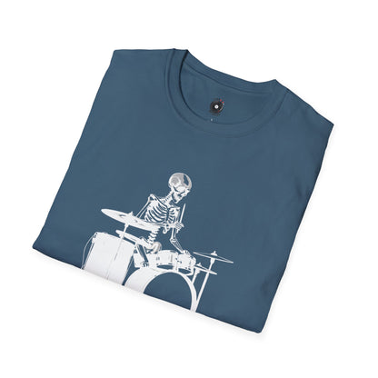 Skeleton silhouette playing drums in a circular background graphic.