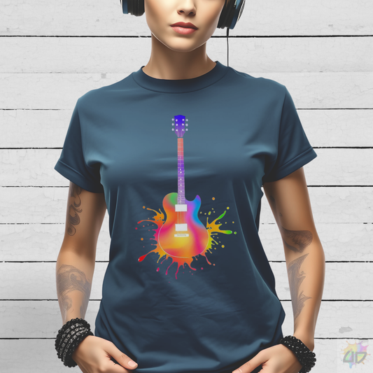 Colorful LP Style Guitar in a Vibrant Splash Graphic Tee.