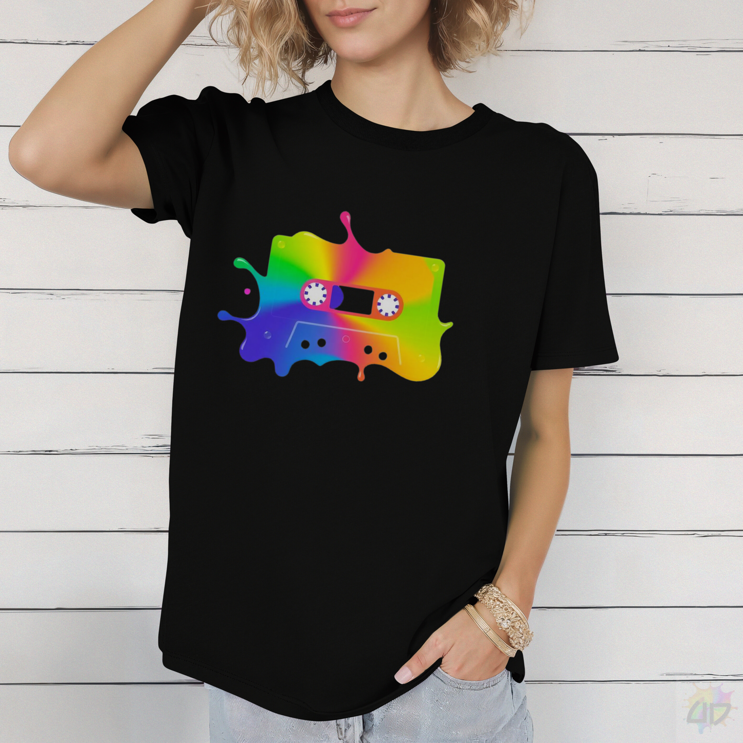 Colorful Cassette Tape in a Splash Graphic Tee.