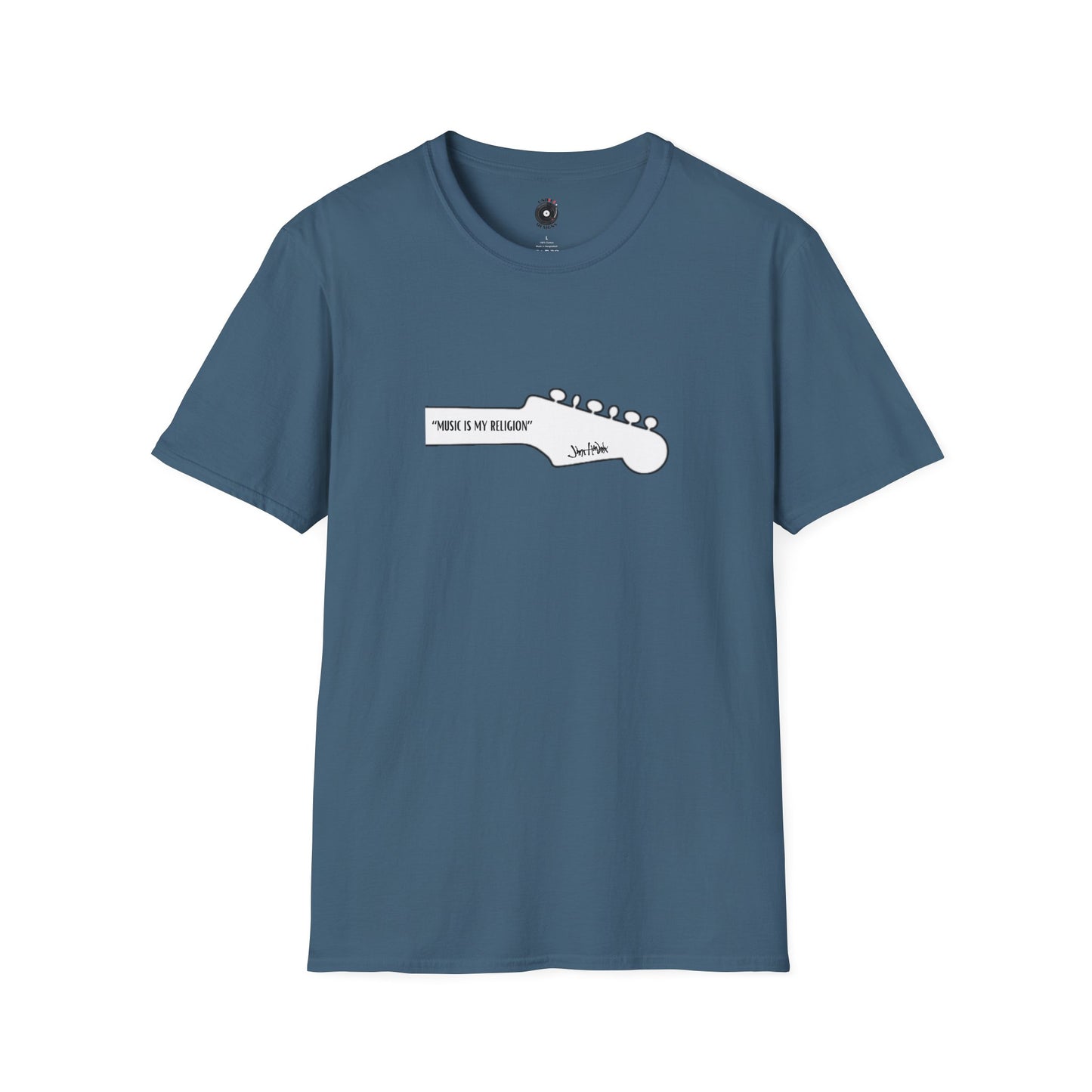 "Music Is My Religion" JH Quote on Guitar Headstock Graphic Tee.