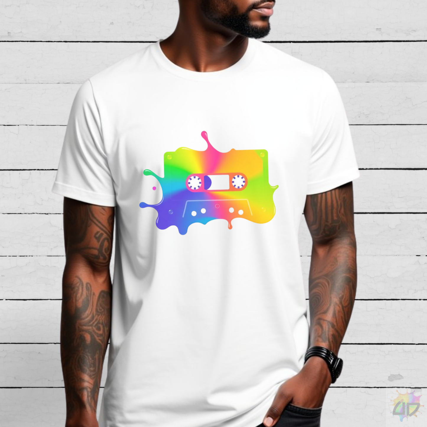 Colorful Cassette Tape in a Splash Graphic Tee.